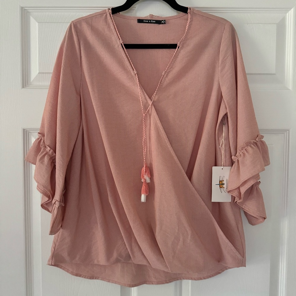 Doe & Rae Salmon Pink Ruffle Sleeve Wrap Top Size Small NWT